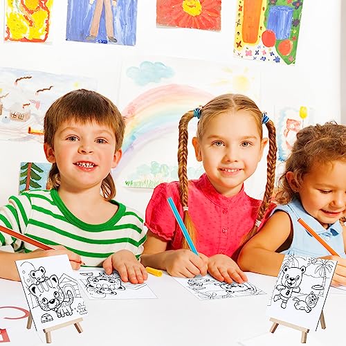 Tenceur 48 Pcs Kids Paint Party Favors Sets with 12 Pcs 5.9 x 5.9 Pre Drawn Canvas Panel and Wooden Easel Set Paint Pots and Brushes, 12 Pcs Mini Tenceur