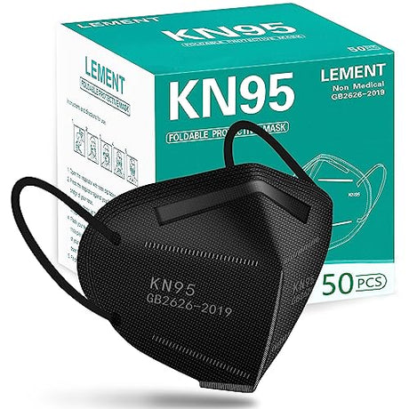 LEMENT 50pcs KN95 Face Mask Black 5 Layer Cup Dust Safety Masks Filter Efficiency≥95% Breathable Elastic Ear Loops Black Masks LEMENT
