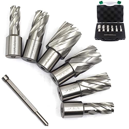 OSCARBIDE Annular Cutter Set 7 Pieces 3/4" Weldon Shank 1"Cutting Depth,1/2 to 1-1/16 inch Diameter,2 Flats Annular Cutters HSS Mag Drill Bits Kit OSCARBIDE