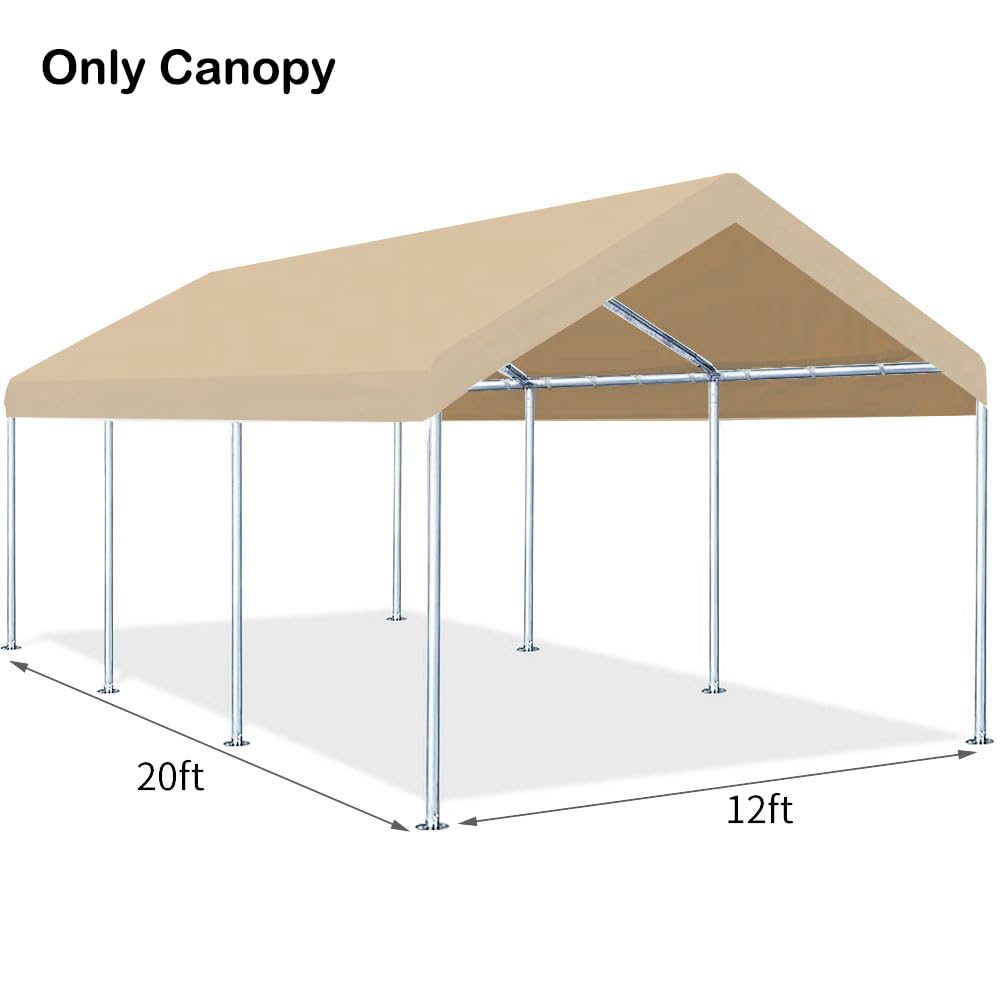 Rutile 12'x20' Carport Canopy ONLY Tent Garage Replacement Top Tarp Car Shelter Cover w/Ball Bungees Beige (Only Top Cover, Frame is not Included) WoodArtSupply