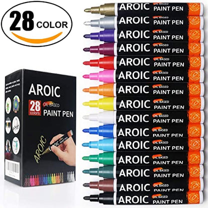 AROIC Paint Markers, 28 Colors Oil-Based Waterproof Paint Marker Pen Set.Quick Dry and Permanent Paint Markers Set for Rock, Wood, Metal, Plastic,