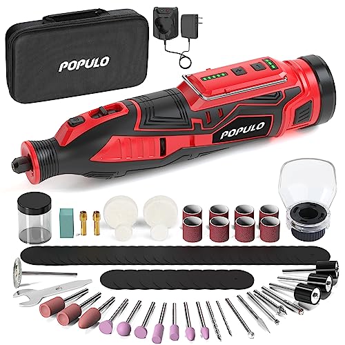 POPULO 12V Cordless Rotary Tool Kit, 5 Variable Speeds, Max Load Speed up to 32000RPM, Powerful Engraver, Sander, Polisher, 114 Easy Change populo