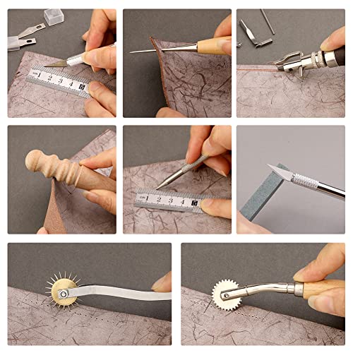 Leather Working Tools Leather Craft Kit and Supplies Upholstery Repair Kit with Waxed Thread Stitching Groover Awl for Punch Stitching, Leather