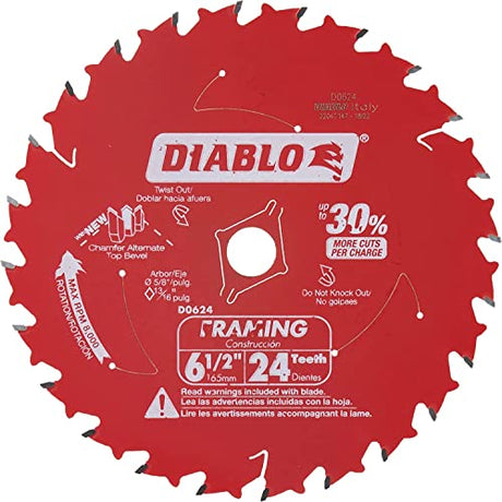 Freud D0624X Diablo 6-1/2-Inch 24-Tooth ATB Framing Saw Blade with 5/8-Inch Arbor, multi Freud