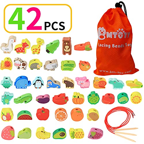 BMTOYS Montessori Educational Threading Toys Wooden Stringing Farm Animals Fruits Lacing Beads Preschool Toy for Toddler 3 4 5 Year Old Boys Girls BMTOYS