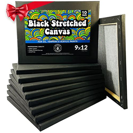 Stretched Black Canvas for Painting Bulk 10 Pack Small Canvases for Painting Blank Canvas for Painting 9x12 Stretched Canvas for Paint for Artists HIPPIE CRAFTER