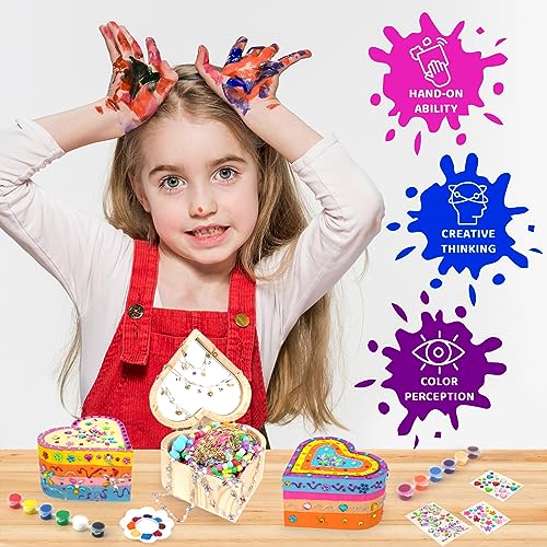 Ambesi Paint Your Own Wooden Jewelry Box, Arts and Crafts for Kids Ages 8-12, 4-6, 7-8 Year Old Girls, Decorate Heart Treasure Box Craft kit, DIY Ambesi