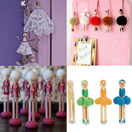 Winlyn 50 Sets Unfinished Wood Doll Pins Doll Clothespins Wooden Round Peg Wood Clothespins and Stands Craft Supplies for DIY Art Painting Projects Winlyn