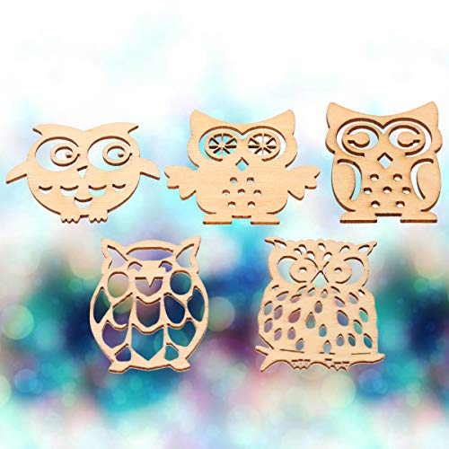 Amosfun 10pcs Wooden Owl-Shaped Slices Unfinished Wooden Crafts with Various Cutout(Random Style) Amosfun