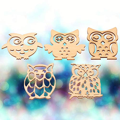 Amosfun 10pcs Wooden Owl-Shaped Slices Unfinished Wooden Crafts with Various Cutout(Random Style)