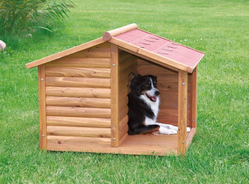 TRIXIE natura Lodge Dog House, Covered Porch, Hinged Roof, Adjustable Legs, Brown, Small - WoodArtSupply