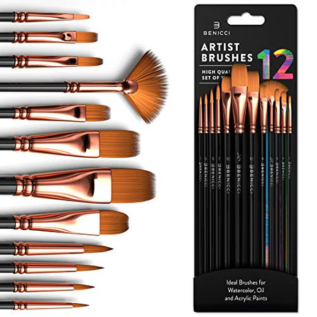 Professional Artist Paint Brush Set of 12 - Painting Brushes Kit for Kids, Adults Fabulous for Canvas, Watercolor & Fabric - for Beginners and Benicci