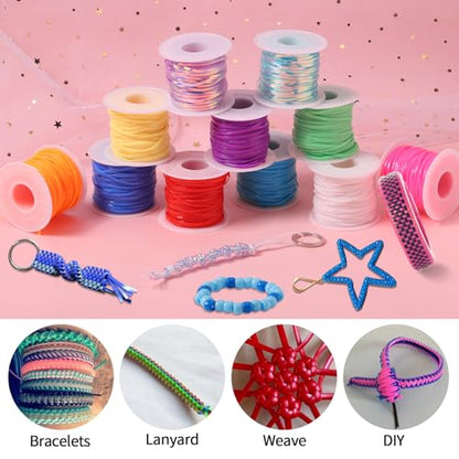 Candygirl Lanyard String, 12 Rolls Gimp String Plastic Lacing Cord Elastic String for Bracelet Keychains Boondoggle Making Kit DIY Craft Weaving Kit