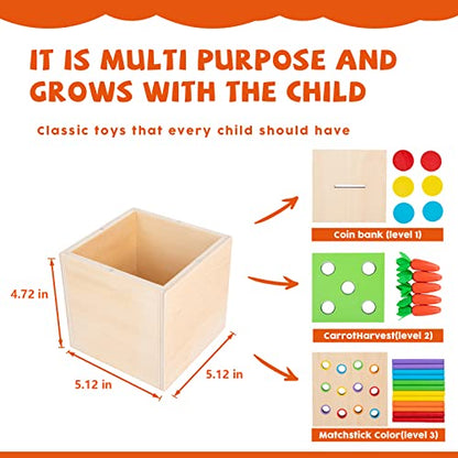 Montessori Toys for 1+ Year Old Baby Gifts,Play Kit Box Includes Carrot Harvest Games,Infant Coin Box,Fine Motor Skills Toys and Object Permanence - WoodArtSupply