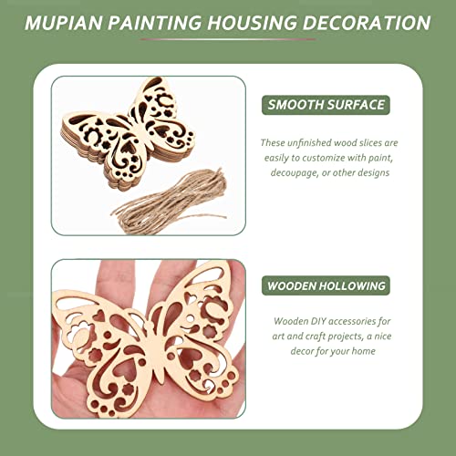 SEWACC Wood Crafts 50 Sets Wooden Butterfly Cutouts Unfinished Butterfly Shapes Blank Wood Ornaments Butterfly Embellishments with Hemp Ropes for DIY SEWACC