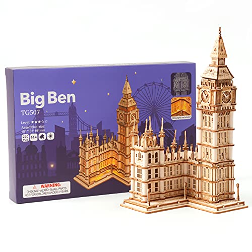 Rowood Big Ben 3D Wooden Puzzle Kit with LED for Adults and Teens Age 14+ RoWood