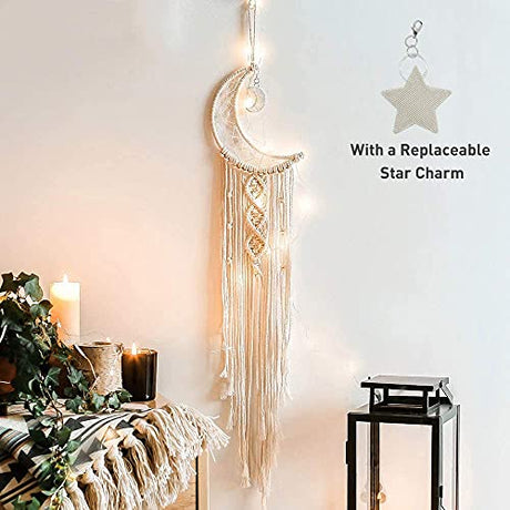 Boho Macrame Woven Wall Hanging, Crochet Crescent Moon Star Dream Catcher with Long Tassel- White Cotton Handmade Bohemian Home Decor Decoration Art ANROYE