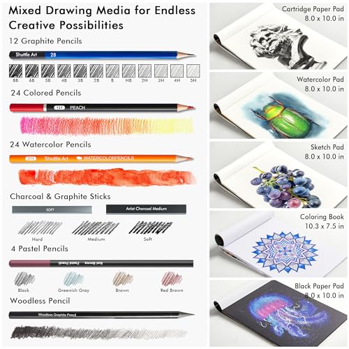 Shuttle Art 124 PCS Drawing Kit, Professional Drawing Supplies with Sketch, Charcoal, Colored, Graphite, Pastel Pencils & Sticks, Complete Drawing Shuttle Art