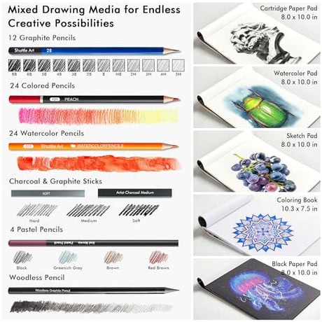 Shuttle Art 124 PCS Drawing Kit, Professional Drawing Supplies with Sketch, Charcoal, Colored, Graphite, Pastel Pencils & Sticks, Complete Drawing Shuttle Art