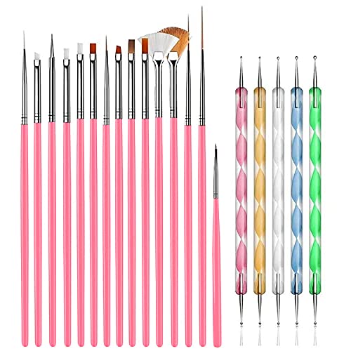 AIBEE 20pcs Nail Art Design Tools, 15pcs Nail Art Brushes Kit with 5pcs Nail Dotting Pens, PINK (pink) AIBEE
