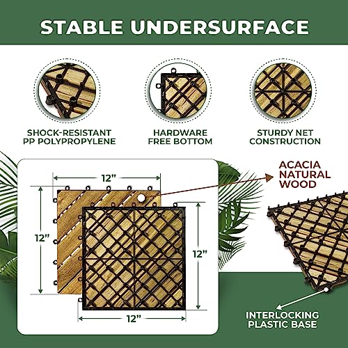 Interlocking Deck Tile (Pack of 10, 12"x12") Acacia Hardwood Deck Tile, Interlocking Patio Tile in Solid Acacia Wooden Oiled Finish Waterproof all RAKYTO
