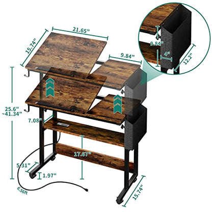 YITAHOME Height Adjustable Table with Charging Station, Portable Desk with Wheels, Small Standing Rolling Computer Desk with Tiltable Tabletop and - WoodArtSupply