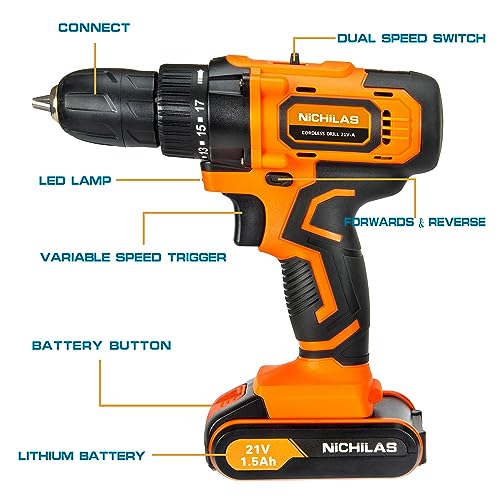 Cordless Drill, 21V Power Screwdriver 2 Variable Speed 3/8” Keyless Chuck, 1500mAh Battery and Charger for assembling, repairing and DIY