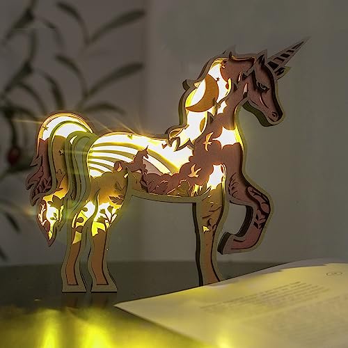3D Wooden Animals Carving LED Night Light, Wood Carved Lamp Modern Festival Decoration Home Decor Desktop Desk Table Living Room Bedroom Office Farmhouse Shelf Statues Perfect Gifts (Unicorn)