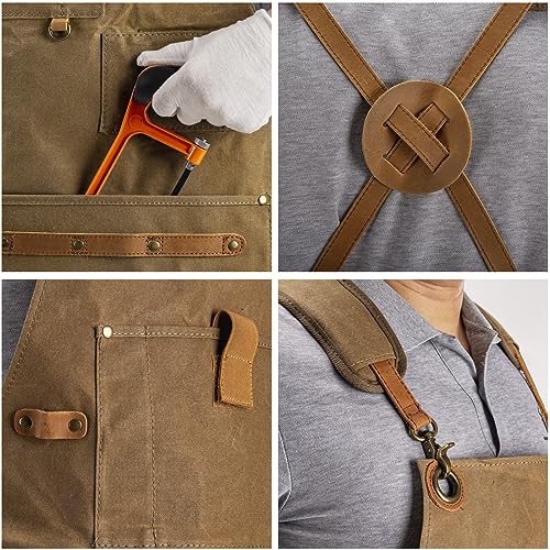 Work Apron with Tool Pockets - Heavy Duty Shop Apron for Woodworkers, Mechanics, Blacksmiths, Carpenters - M-XXL (Brown) Hamks