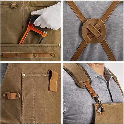 Work Apron with Tool Pockets - Heavy Duty Shop Apron for Woodworkers, Mechanics, Blacksmiths, Carpenters - M-XXL (Brown)