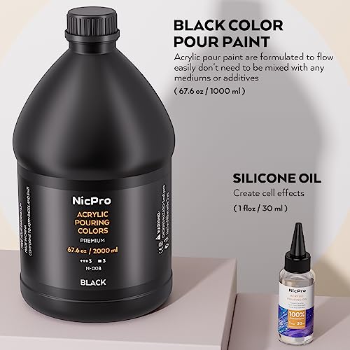 Nicpro Jet Black Color Acrylic Pour Paint, 67.6 Ounce Pre-Mixed Pouring Paint Supplies with Silicone Pour Oil & Gloves for Canvas, Rock, Wood Cell Nicpro