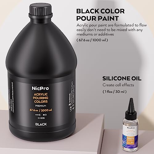 Nicpro Jet Black Color Acrylic Pour Paint, 67.6 Ounce Pre-Mixed Pouring Paint Supplies with Silicone Pour Oil & Gloves for Canvas, Rock, Wood Cell - WoodArtSupply