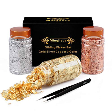 Mingjieus Gilding Flakes Set,Gold Foil Flakes for Resin,3 Bottles Metallic Foil Flakes for Resin Jewelry Making,Nails,Painting Art,Crafts and Mingjieus