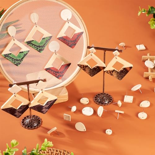 FASHEWELRY 36Pcs Wood Earring Blanks Natural Teardrop Flat Round Wood Stud Earring Findings Rhombus Wheat Color Wooden Earring Posts for Jewelry FASHEWELRY