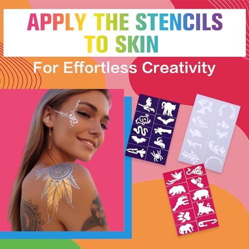 Temporary Tattoo Markers for Skin,15PCS Dual-Ended Tattoo Pen + 50 Paint Stencils + 43 Tattoos Stickers,Glitter & Matte & Neon Glow Body Marker Set, SUSIKEKI