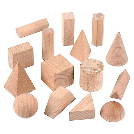 Syhood 15 Pcs 3D Shapes Geometric Solids Wooden Shapes Large Size Burlywood Color Geometric Shapes Blocks Set Montessori Learning Toy Pattern Blocks Syhood