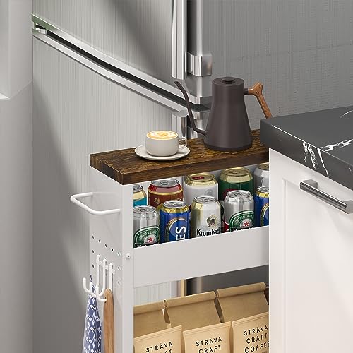 CHLORYARD Slim Storage Cart, 4-Tier Kitchen Rolling Cart Narrow Storage Cabinet with Handle & Wood Top, Metal Rolling Shelf Unit for Kitchen Bathroom CHLORYARD
