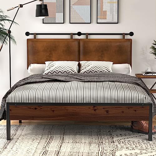 BSHOMGI Wall Mount Headboard, King Headboard Size, PU Leather Head Board Only Brown Hanging Head Boards, Industrial Pipe Modern King Bed Backboard BSHOMGI