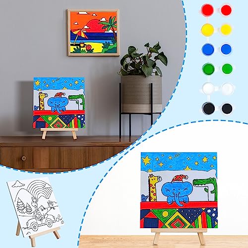 Tenceur 48 Pcs Kids Paint Party Favors Sets with 12 Pcs 5.9 x 5.9 Pre Drawn Canvas Panel and Wooden Easel Set Paint Pots and Brushes, 12 Pcs Mini Tenceur