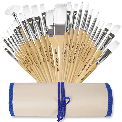 CONDA Paint Brushes Set of 24 Different Shapes Professional Painting Brushes for Oil, Acrylic Canvas and Watercolor Painting (White) conda