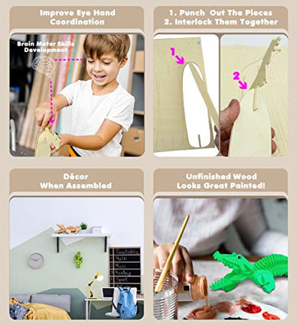 Puzzled 3D Puzzle Alligator Wood Craft Construction Model Kit, Fun, Unique & Educational DIY Wooden Toy Assemble Model Unfinished Crafting Hobby