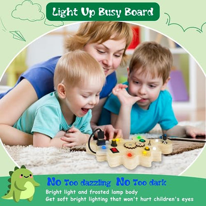 SUPKIZ Toddler Busy Board, Montessori Toys for 1-3 + Year Old Baby, Wooden Busy Board with Led Light, Dinosaur Toddler Toys Sensory Toys Travel Toys