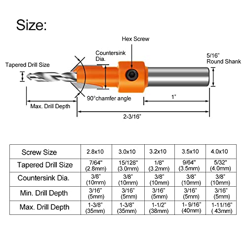 ASNOMY 10Pcs Wood Countersink Drill Bit Set, 5Pcs Countersink Drill Bit with 5Pcs Extra Pilot Drill bit, Tapered Drill Bits with 5/16" Round Shank, - WoodArtSupply