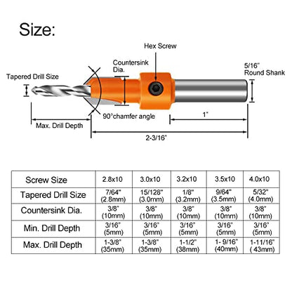 ASNOMY 10Pcs Wood Countersink Drill Bit Set, 5Pcs Countersink Drill Bit with 5Pcs Extra Pilot Drill bit, Tapered Drill Bits with 5/16" Round Shank, - WoodArtSupply