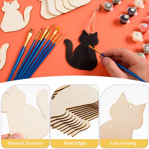 36 Pcs Wood Cat Cutouts Unfinished Wooden Cat Shaped Hanging Ornaments with Hole Blank Wood Cat Slices Wood Halloween Present Tags with Twine for