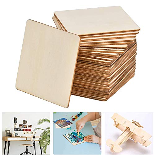 WLIANG 50 Pcs Unfinished Wood Pieces, Natural Blank 4 X 4 Inch Wood Squares, Wooden Square Cutouts Tiles for DIY Crafts Painting, Coasters Engraving, WLIANG