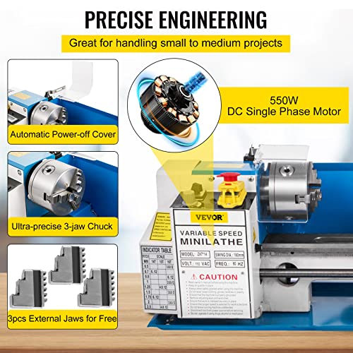 BestEquip Metal Lathe 7x14inch Precision Bench Top Mini Metal Lathe 550W Precision Metal Lathe Variable Speed 50-2500 RPM Nylon Gear with A Movable