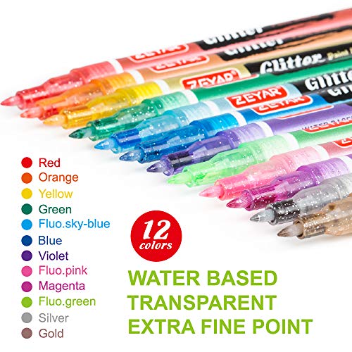 ZEYAR Glitter Paint Pens, Water based, Extra Fine Point, Nylon Tip, 12 Colors, Great for Gift Card, Poster, Album, Christmas Card and more. Non-Toxic - WoodArtSupply