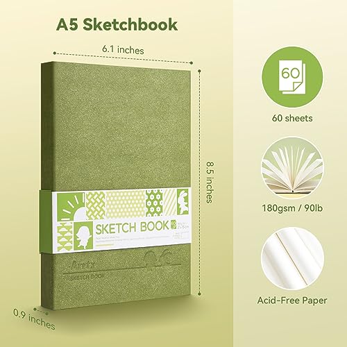 Arrtx Premium Hardcover Sketch Book, 60 Sheets/120 Pages, 180 GSM Thick Acid-Free Drawing Paper, Hardbound Sketch Pad with Inner Pocket, Green Arrtx