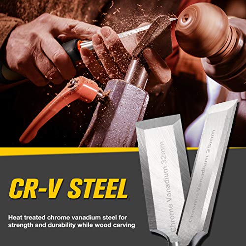 REXBETI 10pcs Premium Wood Chisel Set, 6pcs Wood Chisel with 1 Honing Guide, 1 Sharpening Stone and 2 Carpenter Pencils, Heat-Treated Cr-V Alloy